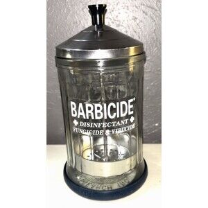 Vintage Barbicide Disinfectant Glass Jar 8" Made By: KING RESEARCH INC.